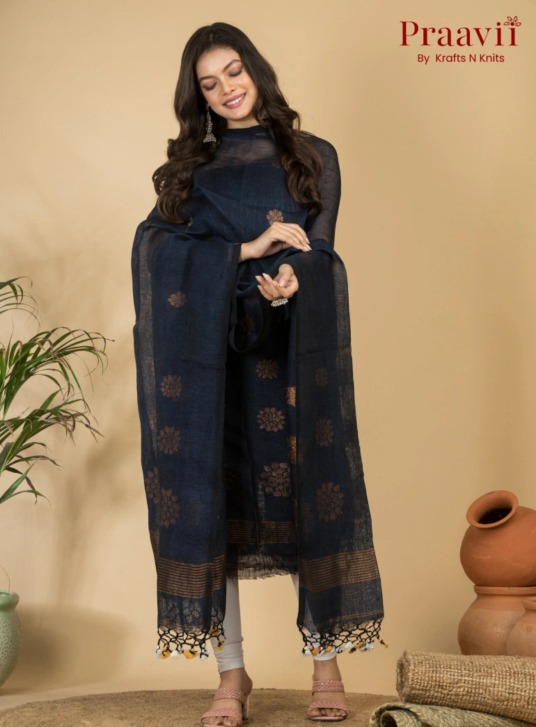 Royal Navy Blue Handloom Lilen Suit with Copper Zari Detailing