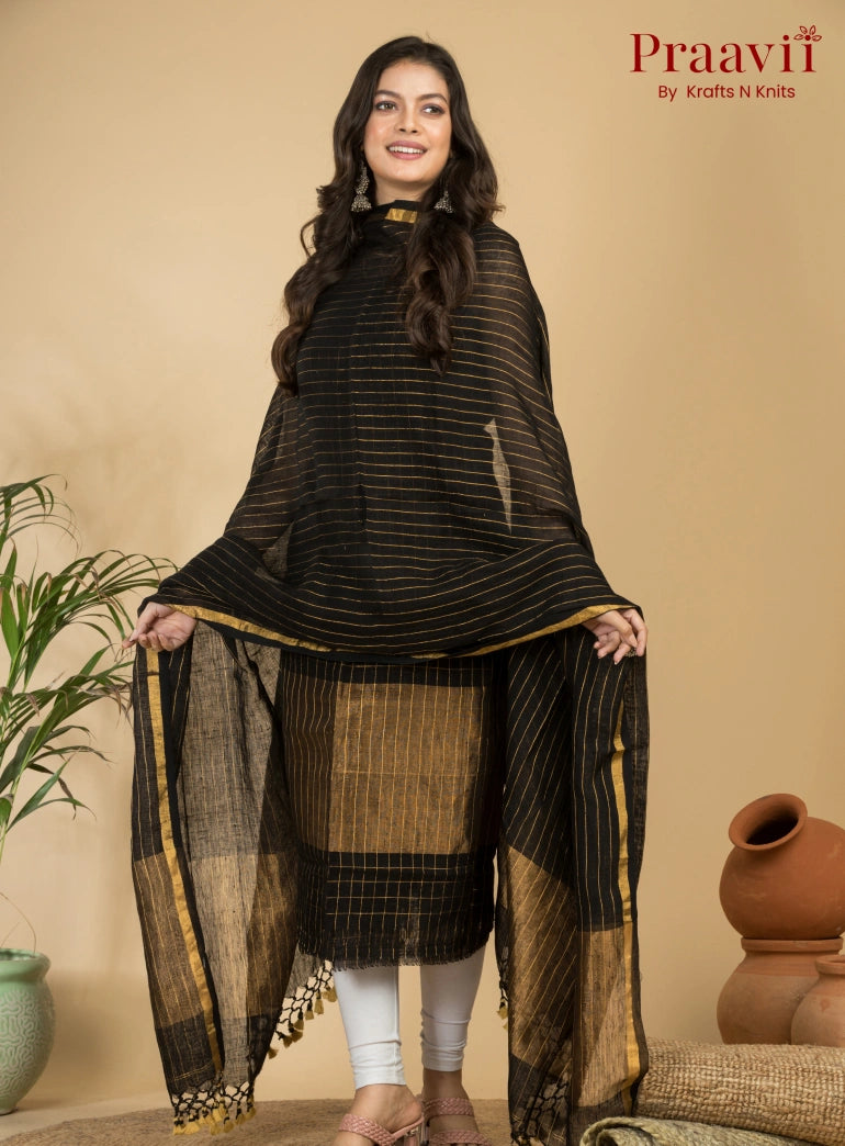 Black Pure Linen Unstitched Jamdani Suit 2-Piece Set