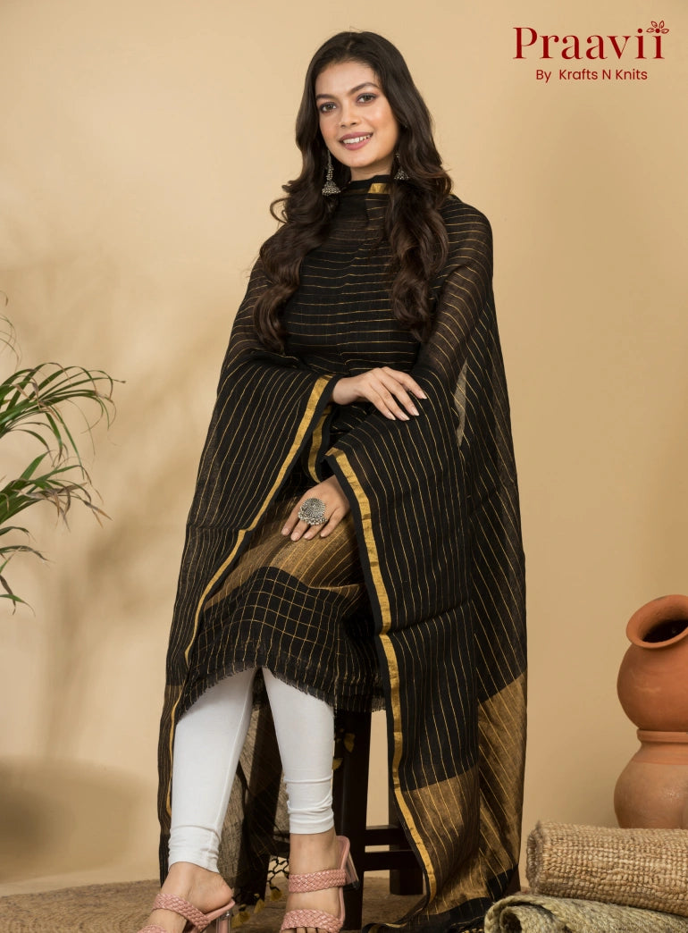 Black Pure Linen Unstitched Jamdani Suit 2-Piece Set