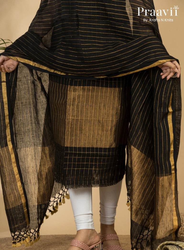 Black Pure Linen Unstitched Jamdani Suit 2-Piece Set