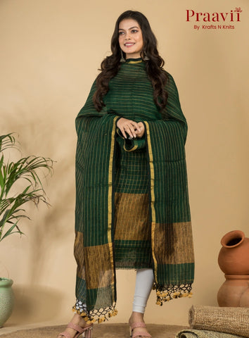 Forest Green Pure Linen Unstitched Jamdani Suit 2-Piece Set