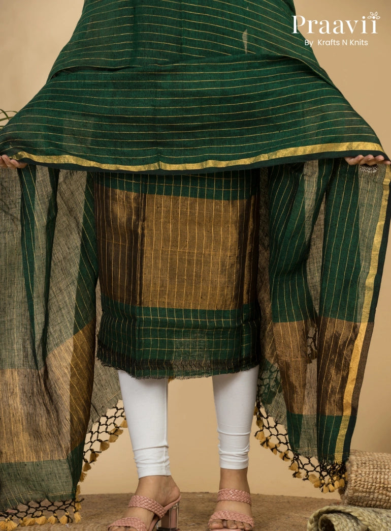Forest Green Pure Linen Unstitched Jamdani Suit 2-Piece Set