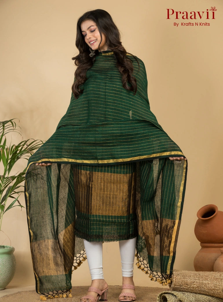 Forest Green Pure Linen Unstitched Jamdani Suit 2-Piece Set