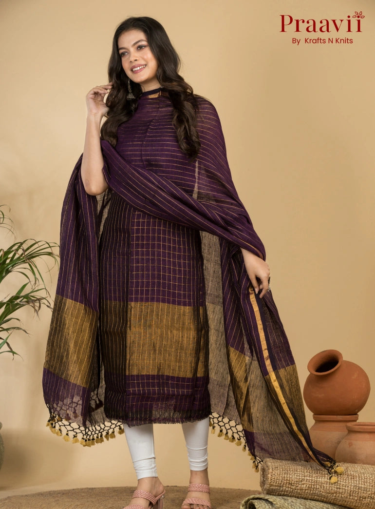 Purple Plum Pure Linen Unstitched Jamdani Suit 2-Piece Set