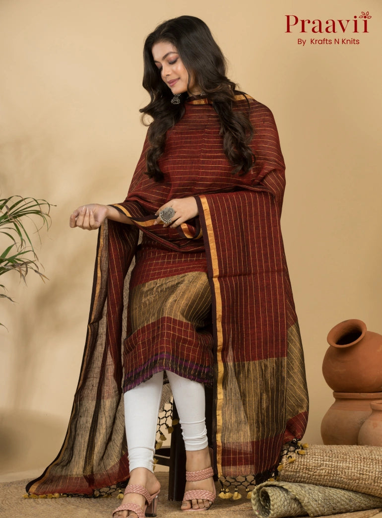 Burgundy Pure Linen Unstitched Jamdani Suit 2-Piece Set