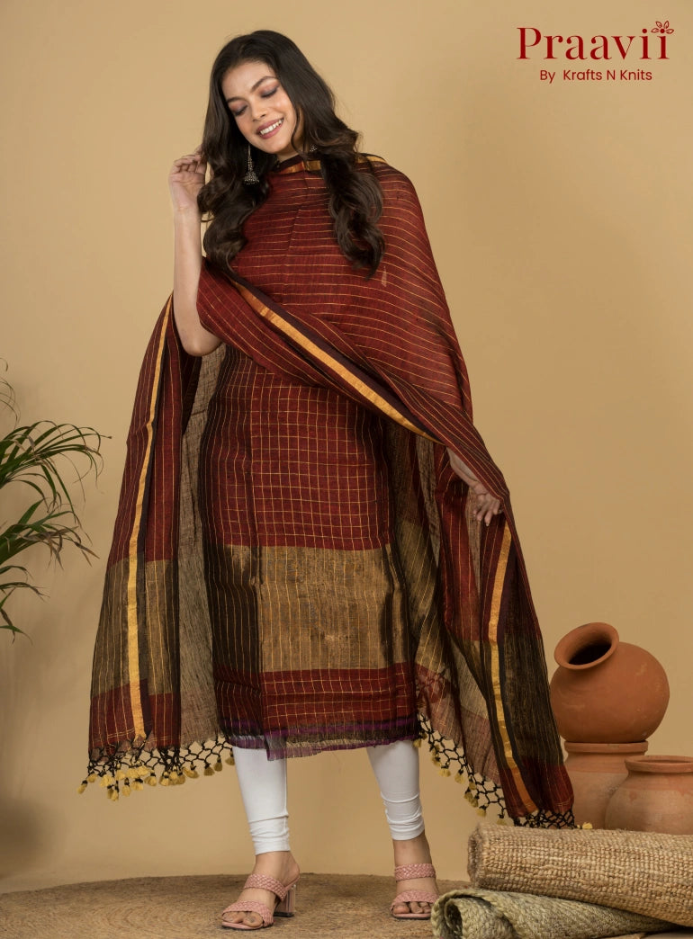 Burgundy Pure Linen Unstitched Jamdani Suit 2-Piece Set