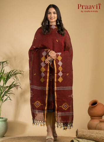 Maroon Handloom Jamdani Linen Suit with Traditional Motifs