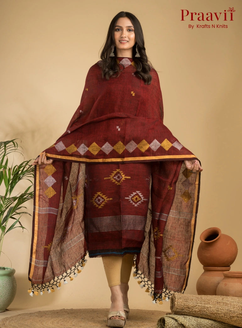 Maroon Handloom Jamdani Linen Suit with Traditional Motifs
