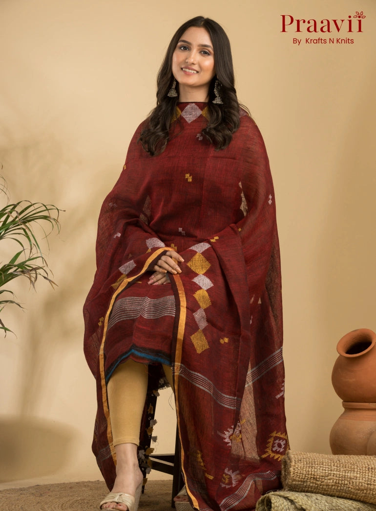 Maroon Handloom Jamdani Linen Suit with Traditional Motifs