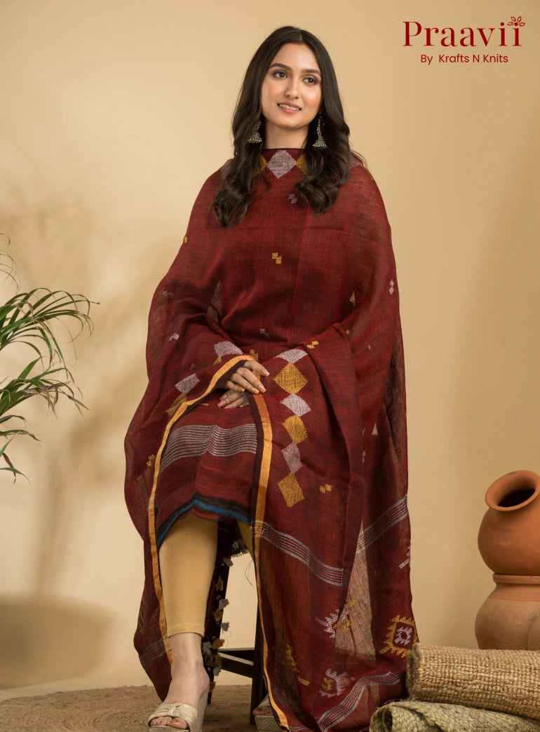 Maroon Handloom Jamdani Linen Suit with Traditional Motifs