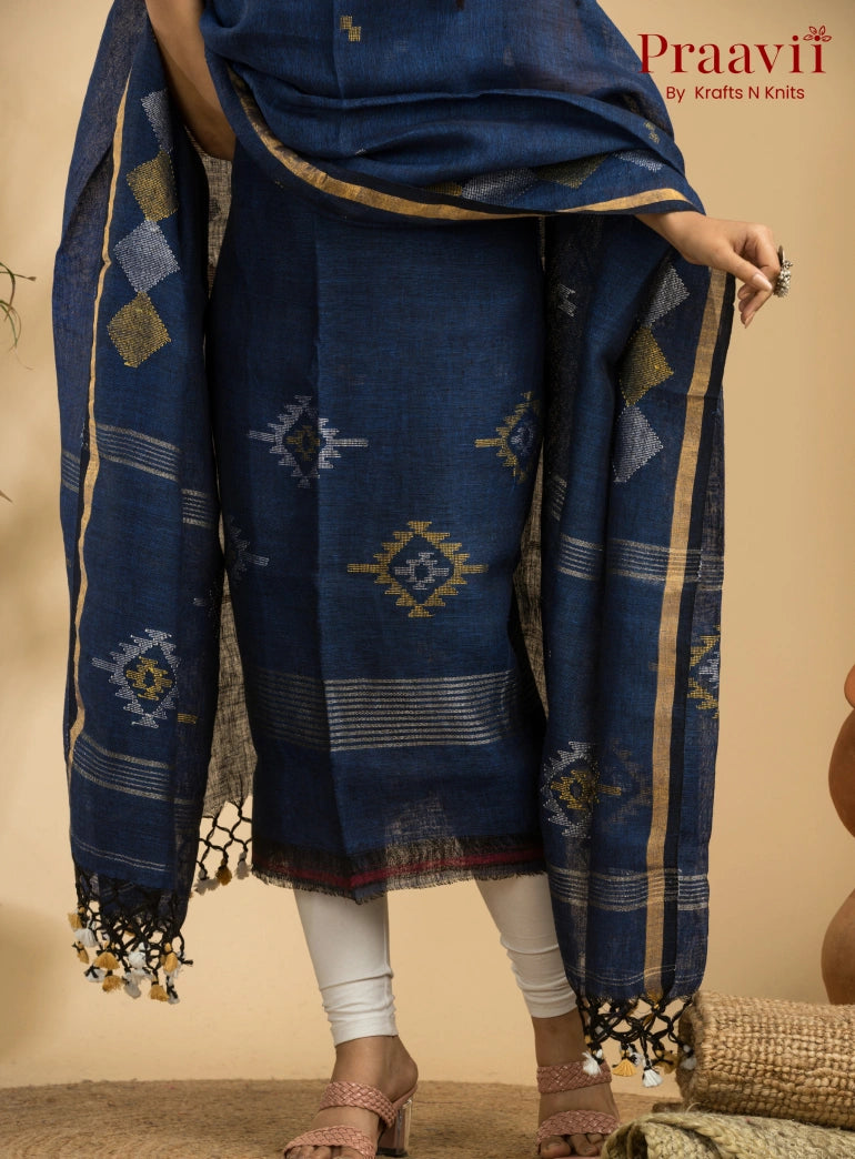 Designer Navy Blue Handloom Jamdani Linen Suit with Traditional Motifs