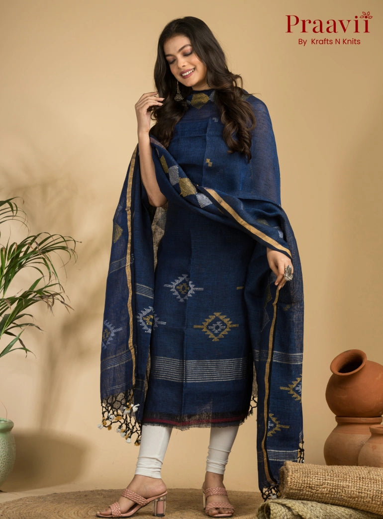 Designer Navy Blue Handloom Jamdani Linen Suit with Traditional Motifs