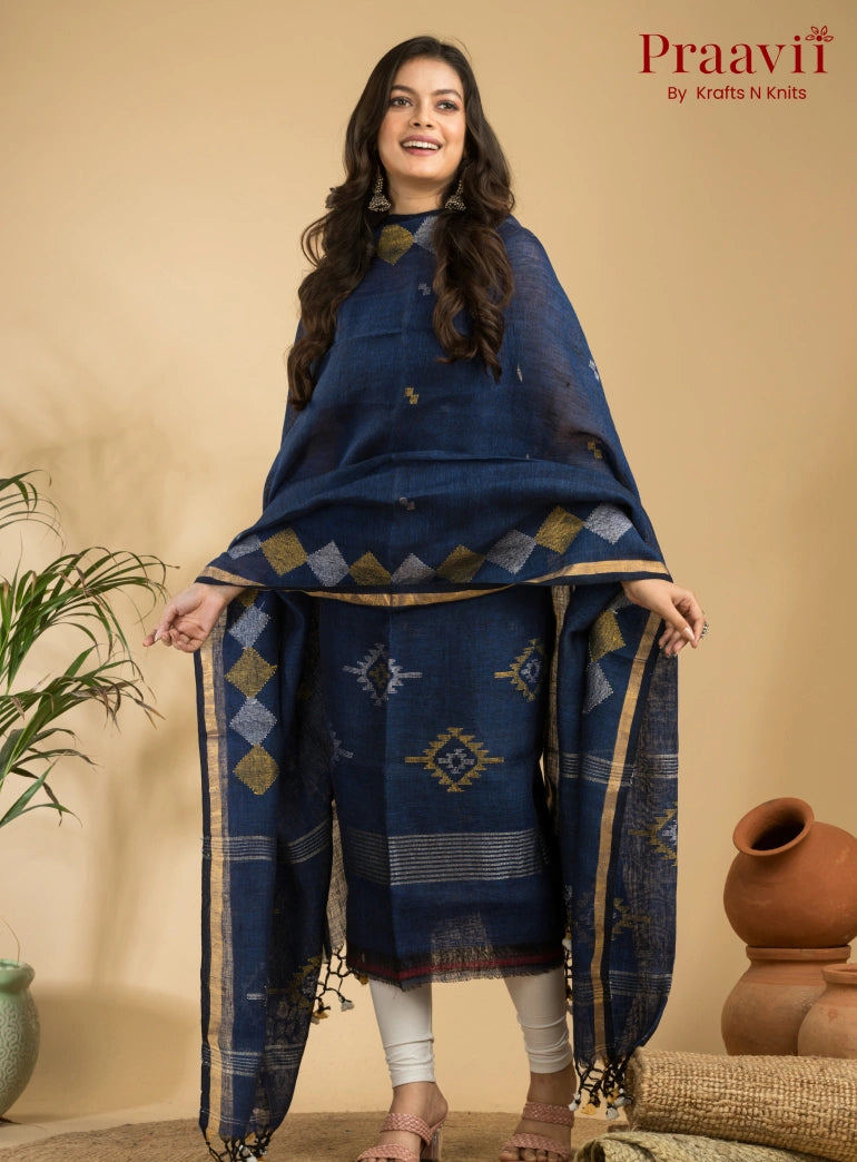 Designer Navy Blue Handloom Jamdani Linen Suit with Traditional Motifs