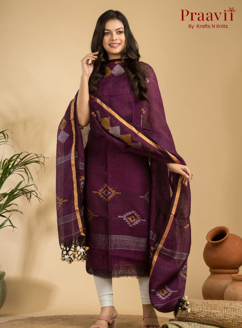 Dark Magenta Handloom Jamdani Linen Suit with Traditional Motifs