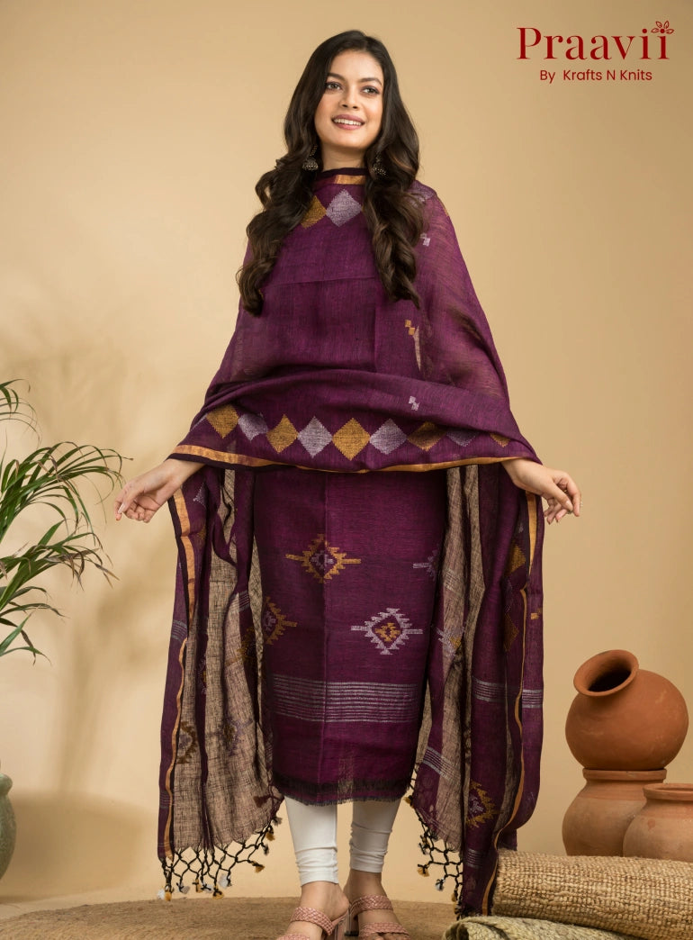 Dark Magenta Handloom Jamdani Linen Suit with Traditional Motifs