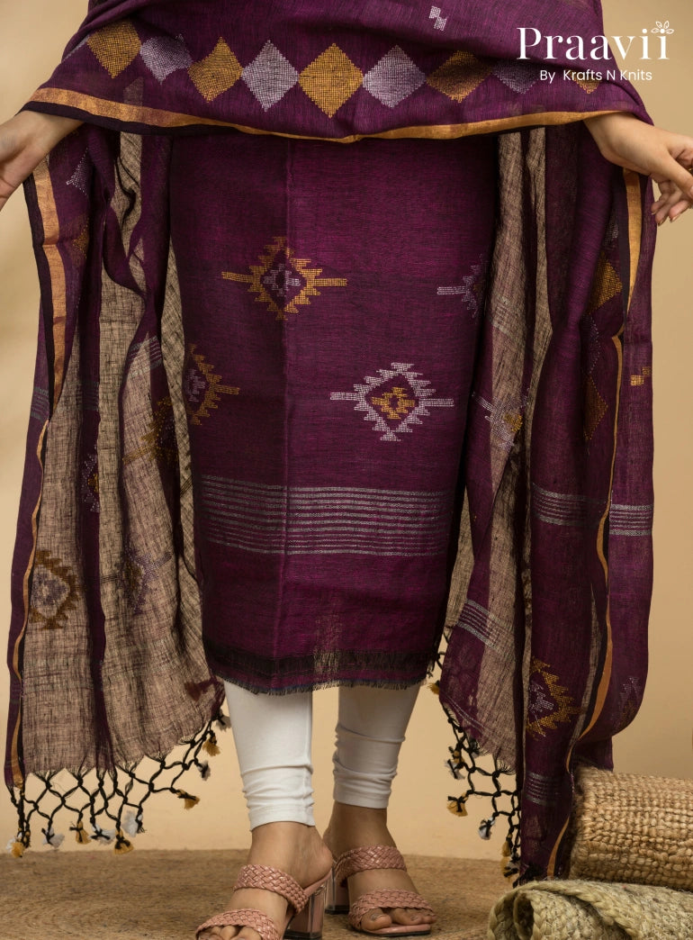 Dark Magenta Handloom Jamdani Linen Suit with Traditional Motifs