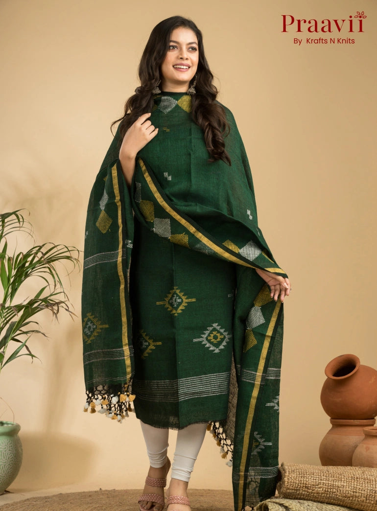 Fern Green Handloom Jamdani Linen Suit with Traditional Motifs