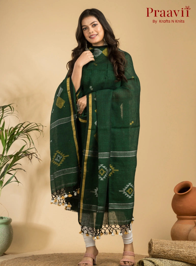 Fern Green Handloom Jamdani Linen Suit with Traditional Motifs
