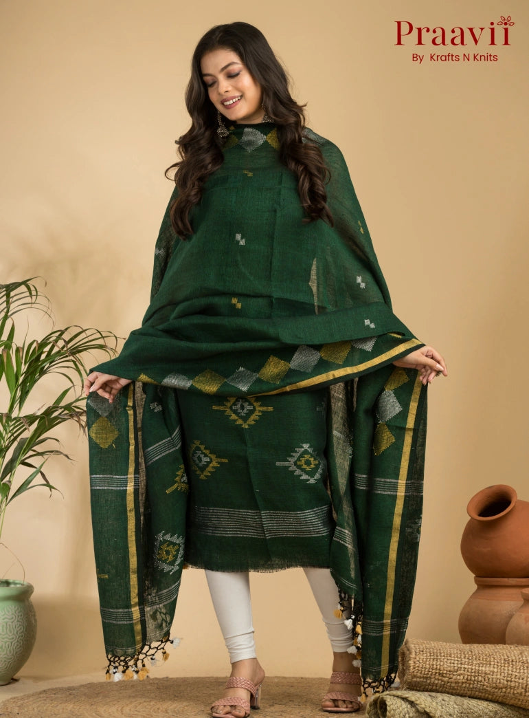 Fern Green Handloom Jamdani Linen Suit with Traditional Motifs