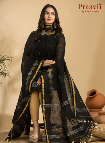 Obsidian Black Handloom Jamdani Linen Suit with Traditional Motifs