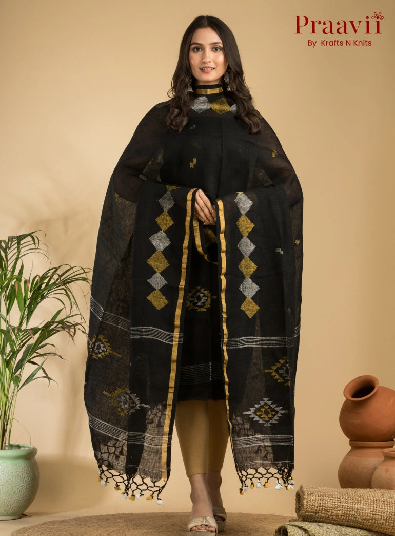 Obsidian Black Handloom Jamdani Linen Suit with Traditional Motifs