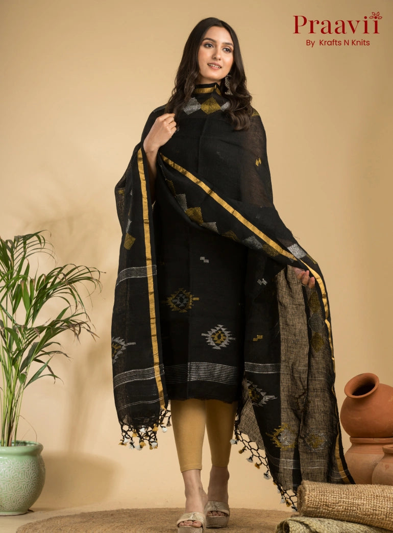 Jet Black Handloom Jamdani Linen Suit with Traditional Motifs