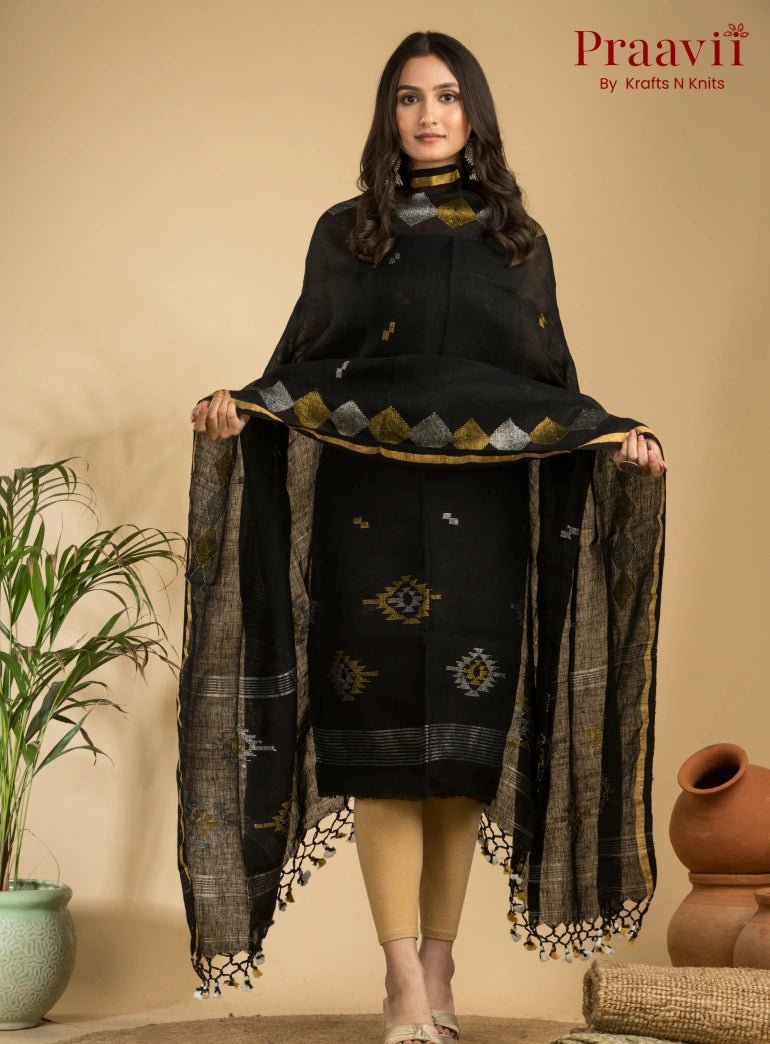 Jet Black Handloom Jamdani Linen Suit with Traditional Motifs