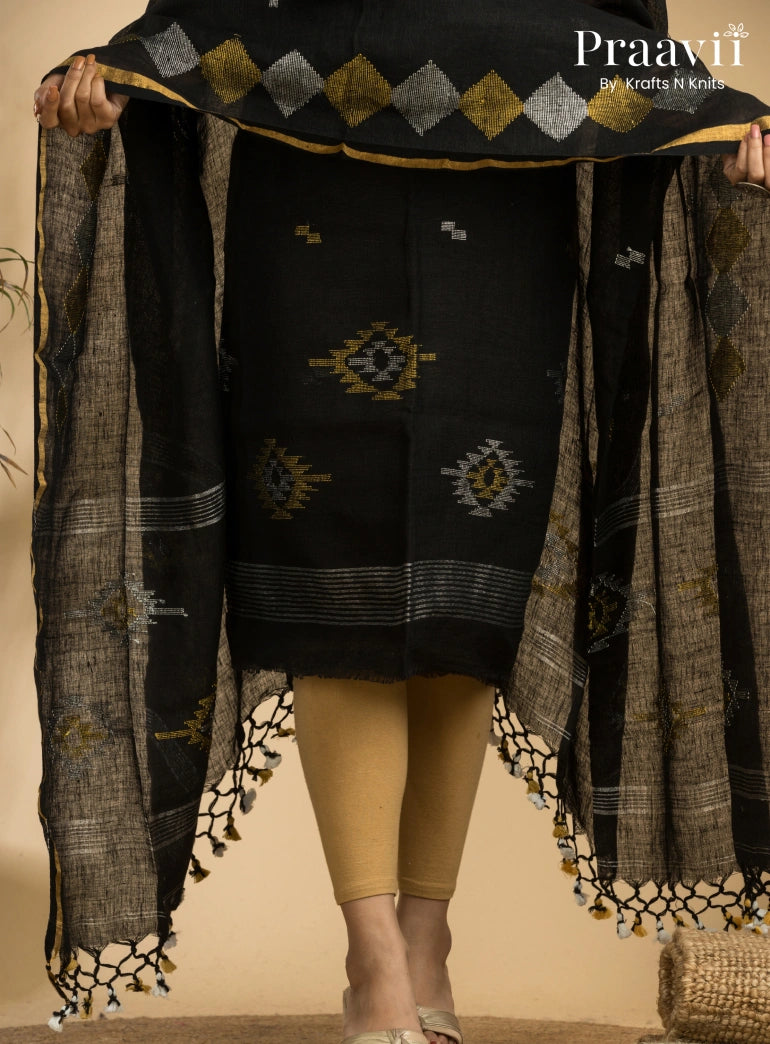 Jet Black Handloom Jamdani Linen Suit with Traditional Motifs