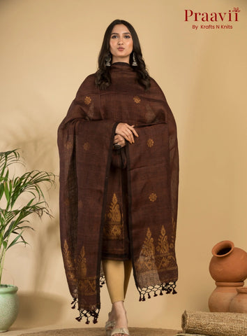 Coffee Brown Handloom Jamdani Linen 2- Piece Suit Set