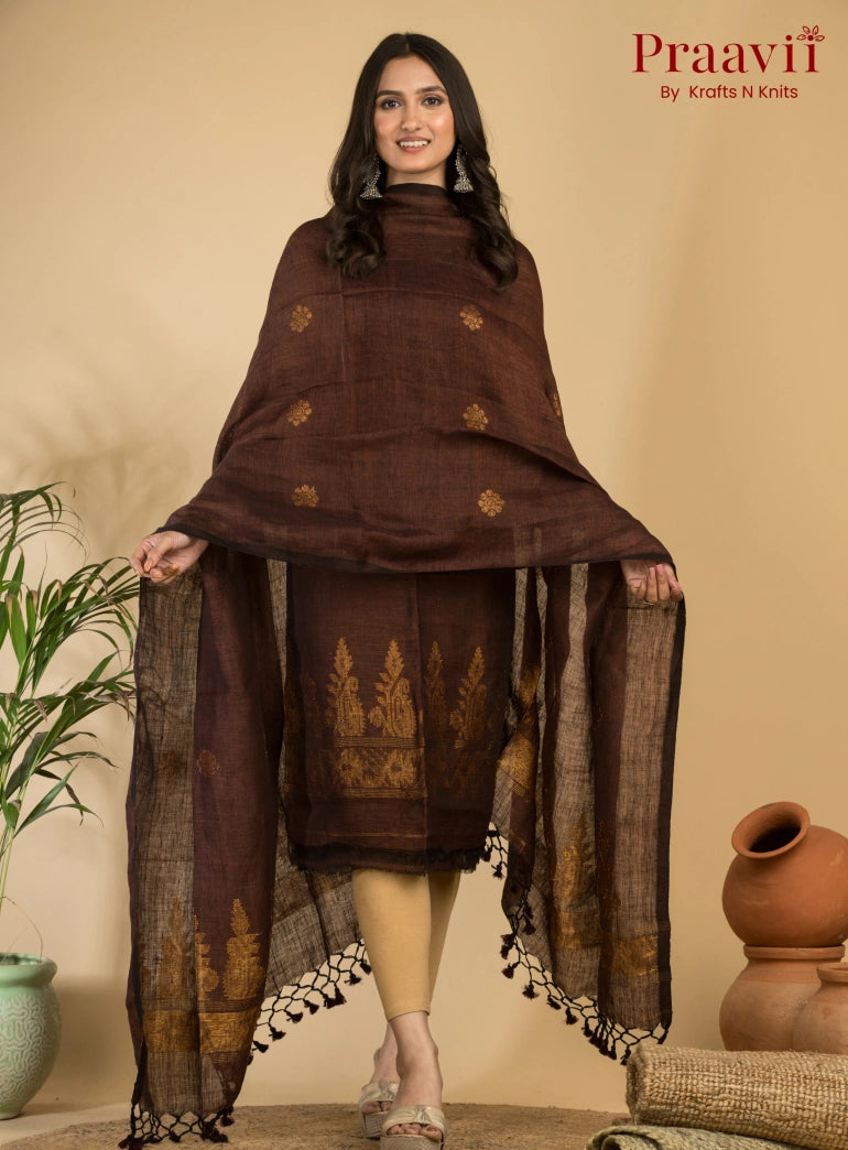Coffee Brown Handloom Jamdani Linen 2- Piece Suit Set