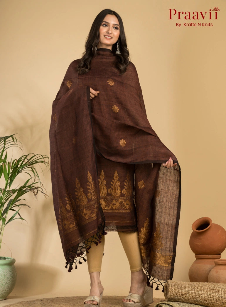Coffee Brown Handloom Jamdani Linen 2- Piece Suit Set