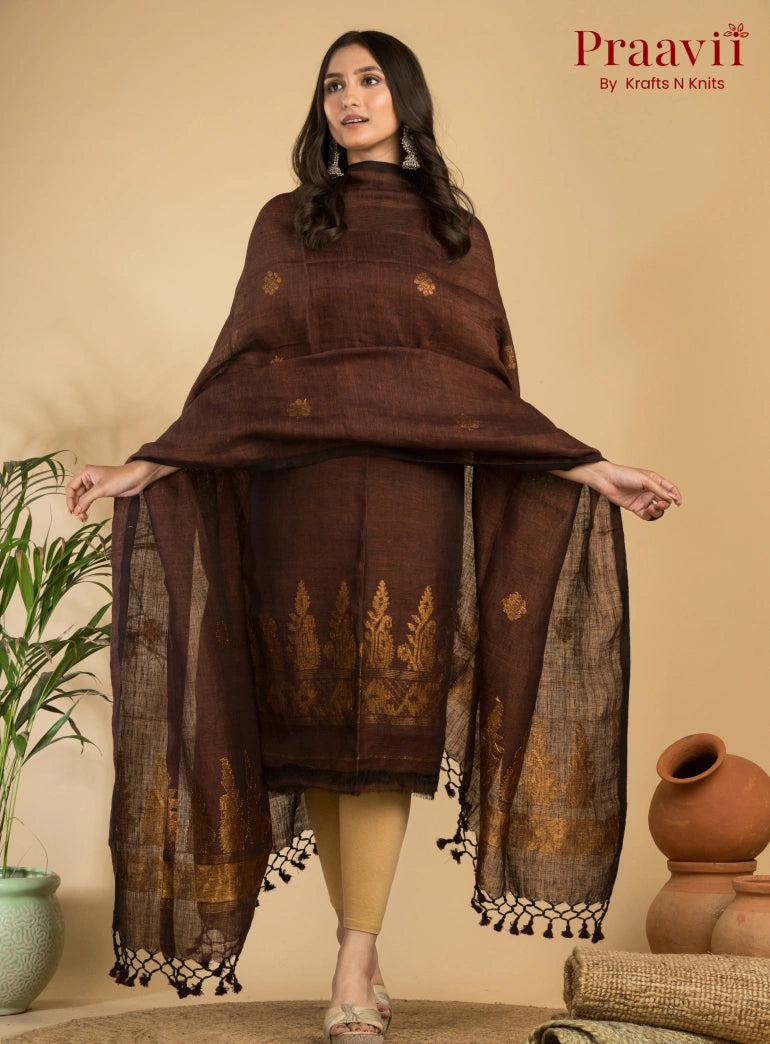 Dark Brown Handloom Jamdani Linen Suit with Traditional Motifs