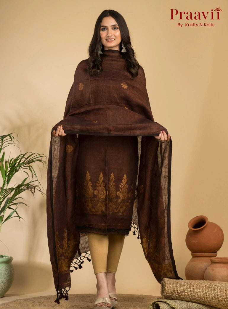 Coffee Brown Handloom Jamdani Linen 2- Piece Suit Set
