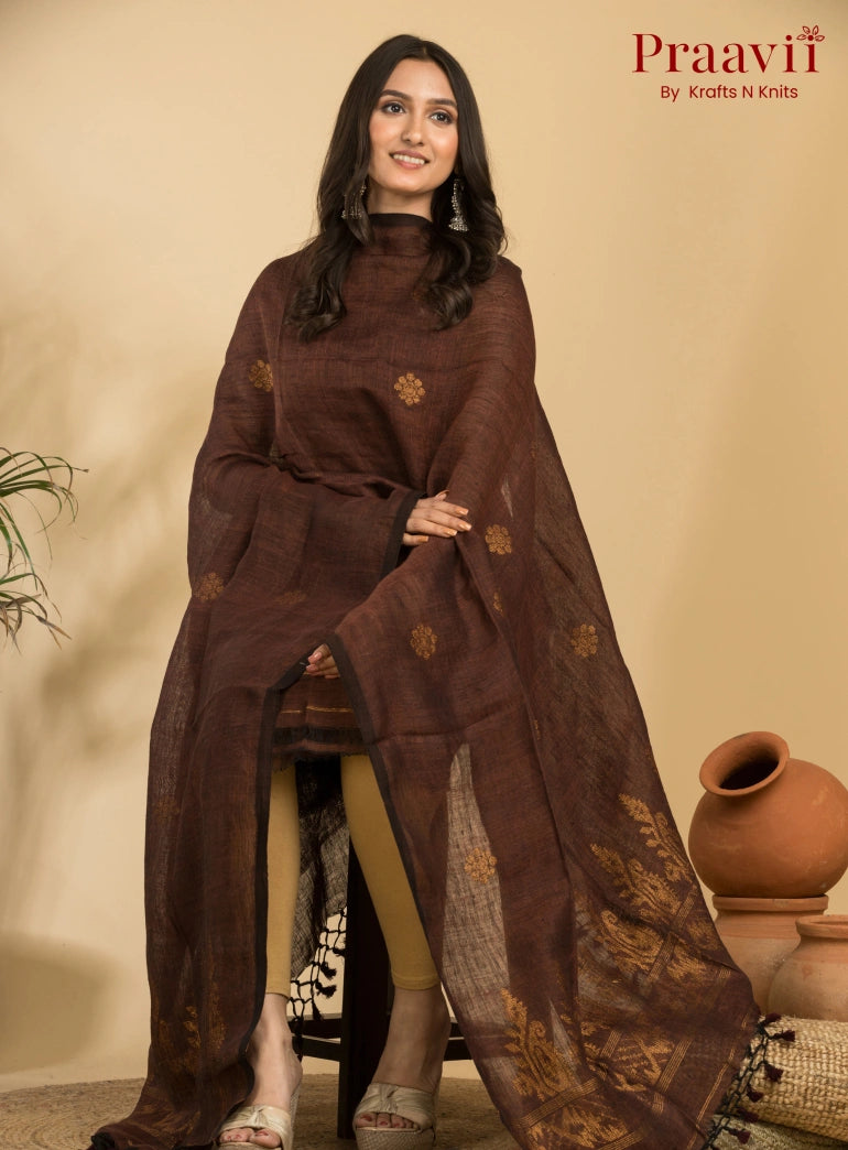 Dark Brown Handloom Jamdani Linen Suit with Traditional Motifs