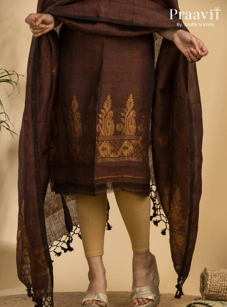 Dark Brown Handloom Jamdani Linen Suit with Traditional Motifs