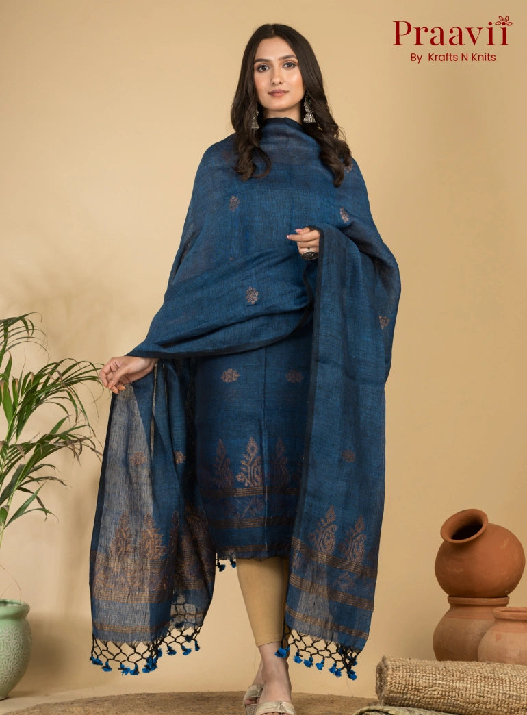 Lapis Blue Handloom Jamdani Linen Suit with Traditional Motifs