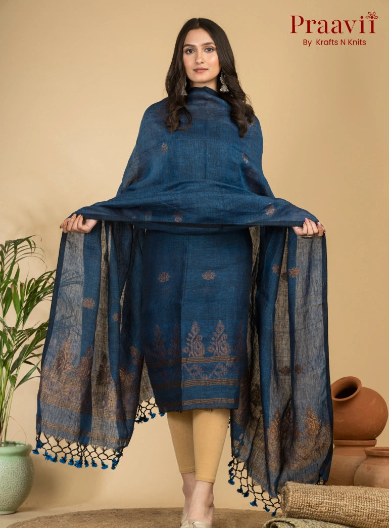 Lapis Blue Handloom Jamdani Linen Suit with Traditional Motifs
