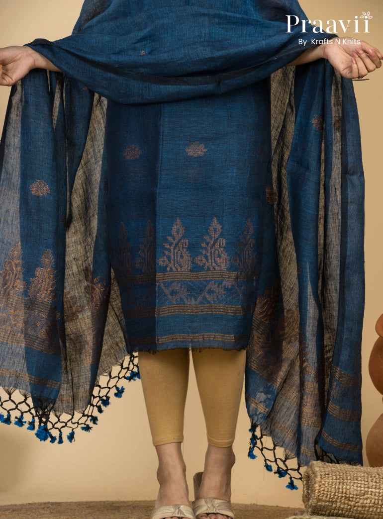 Lapis Blue Handloom Jamdani Linen Suit with Traditional Motifs