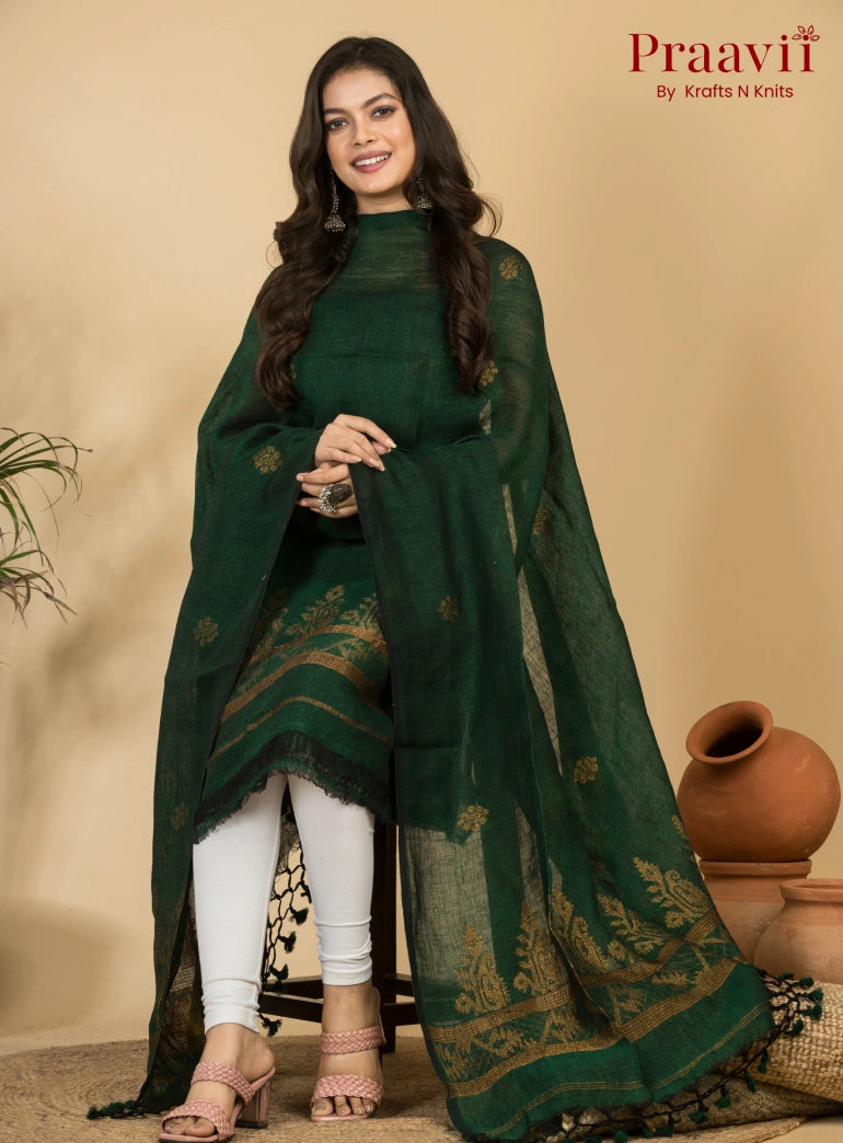 Dark Green Handloom Jamdani Linen 2- Piece Suit Set