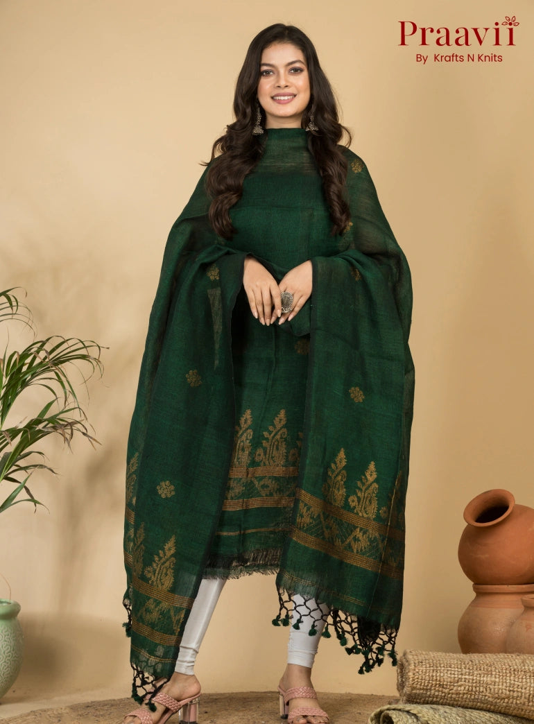 Dark Green Handloom Jamdani Linen 2- Piece Suit Set