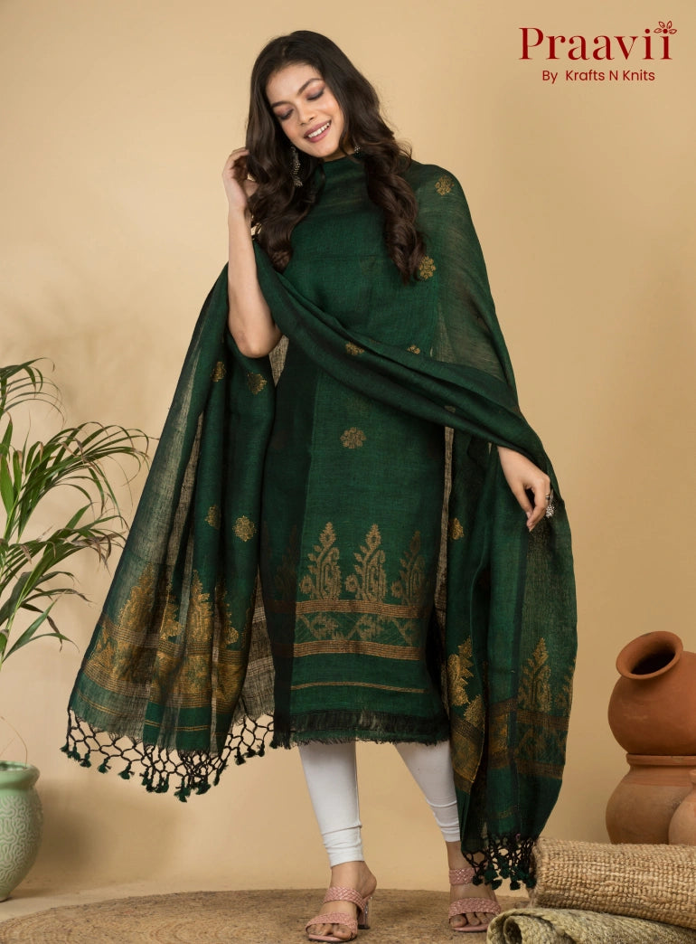 Dark Green Handloom Jamdani Linen 2- Piece Suit Set