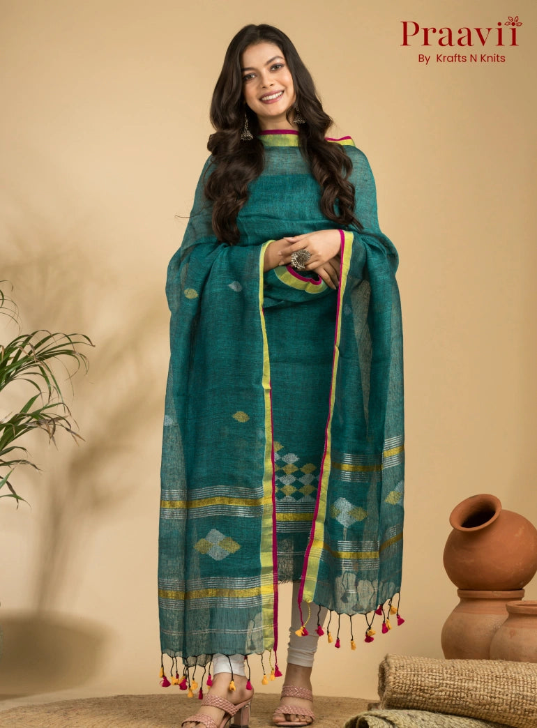 Turquoise Blue Handloom Jamdani Linen 2- Piece Suit Set