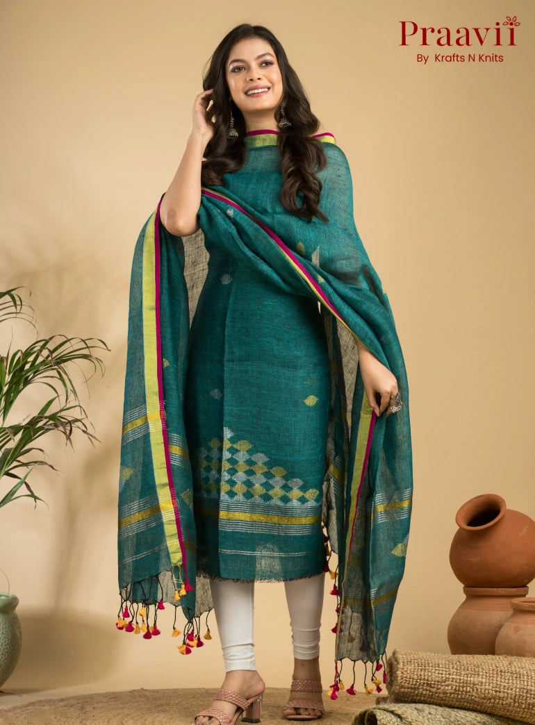 Turquoise Blue Handloom Jamdani Linen 2- Piece Suit Set