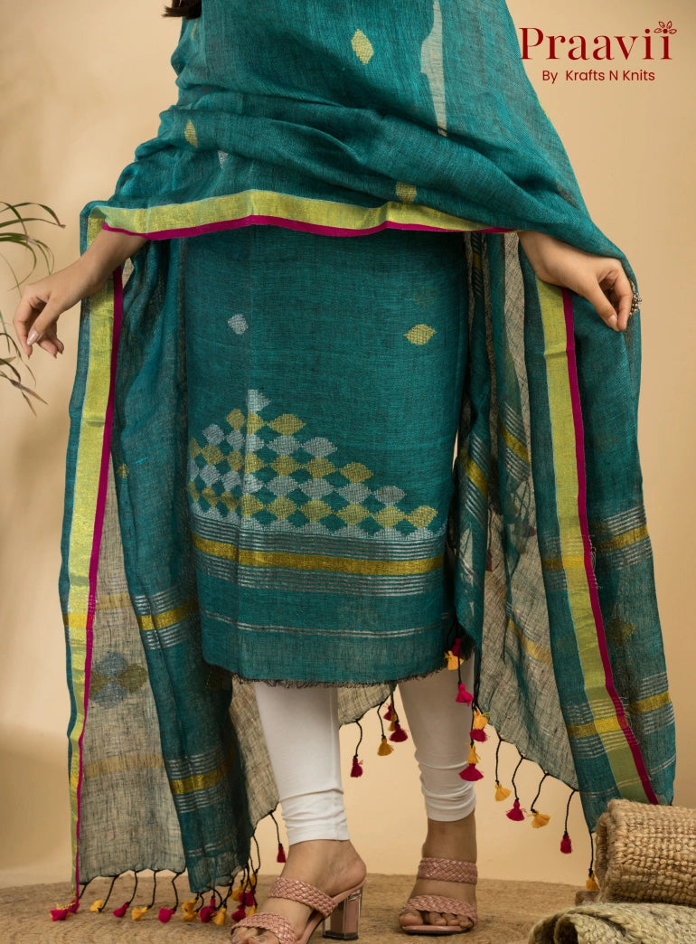 Turquoise Blue Handloom Jamdani Linen 2- Piece Suit Set