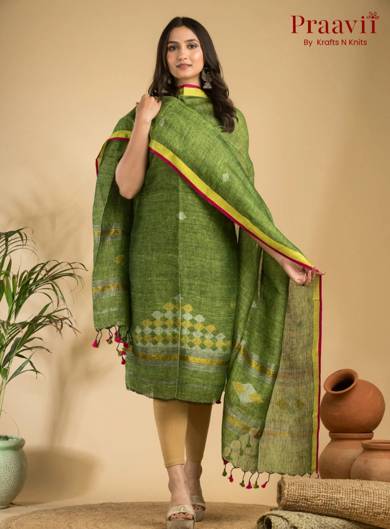 Peridot Green Handloom Jamdani Linen 2- Piece Suit Set