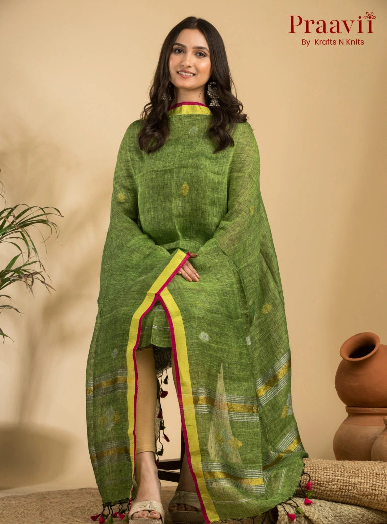 Peridot Green Handloom Jamdani Linen 2- Piece Suit Set