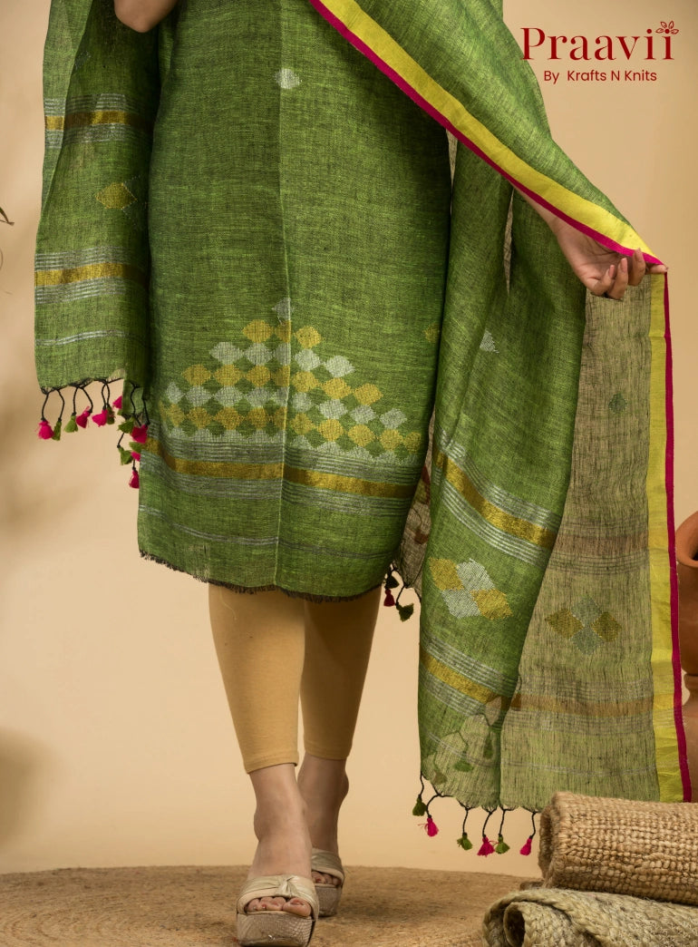 Peridot Green Handloom Jamdani Linen 2- Piece Suit Set