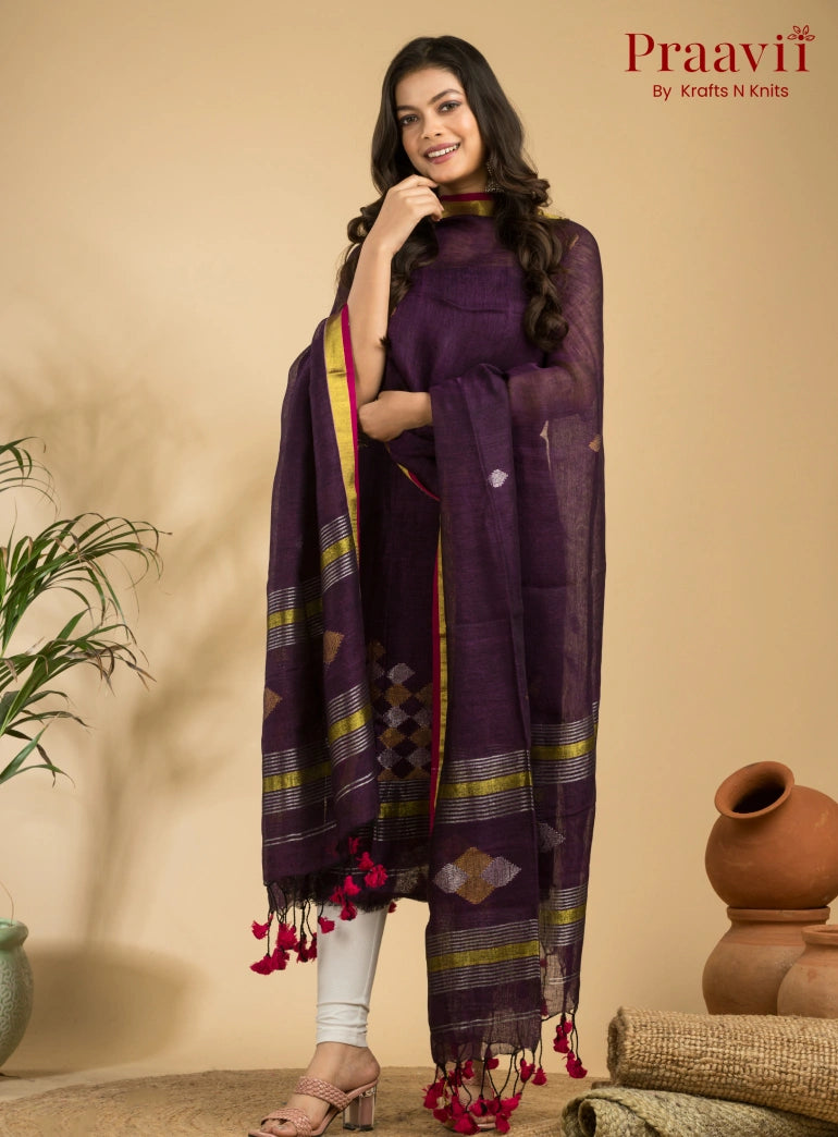 Amethyst Colour Handloom Jamdani Linen 2- Piece Suit Set