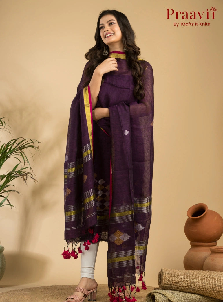 Amethyst Colour Handloom Jamdani Linen 2- Piece Suit Set