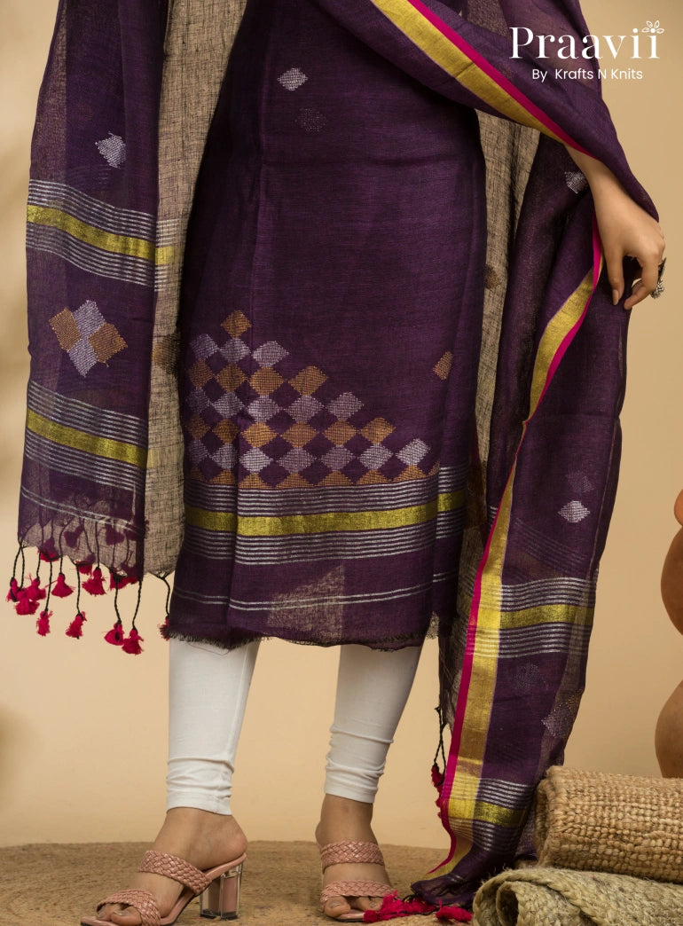 Amethyst Colour Handloom Jamdani Linen 2- Piece Suit Set